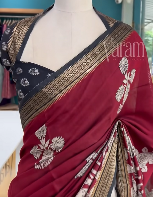 Muga Silk Saree with Digital Kalamkari & Black Accents