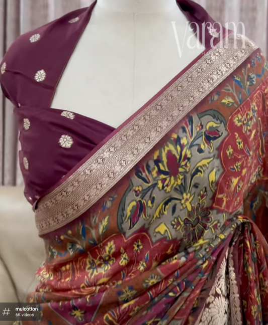 Regal Mulberry Organza Saree adorned with Digital Art & Zari Accents