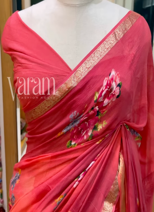 Bloom Whisper: Pure Chinnon Digital Floral Print Saree for Festive Wear