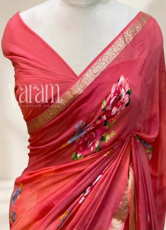 Bloom Whisper: Pure Chinnon Digital Floral Print Saree for Festive Wear