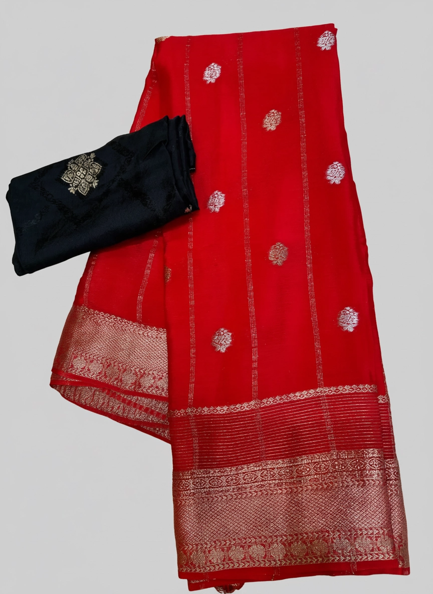Silver Buti Trail: Premium Chinnon Silk Saree with Zari Buti Motifs & Broad Silver Border