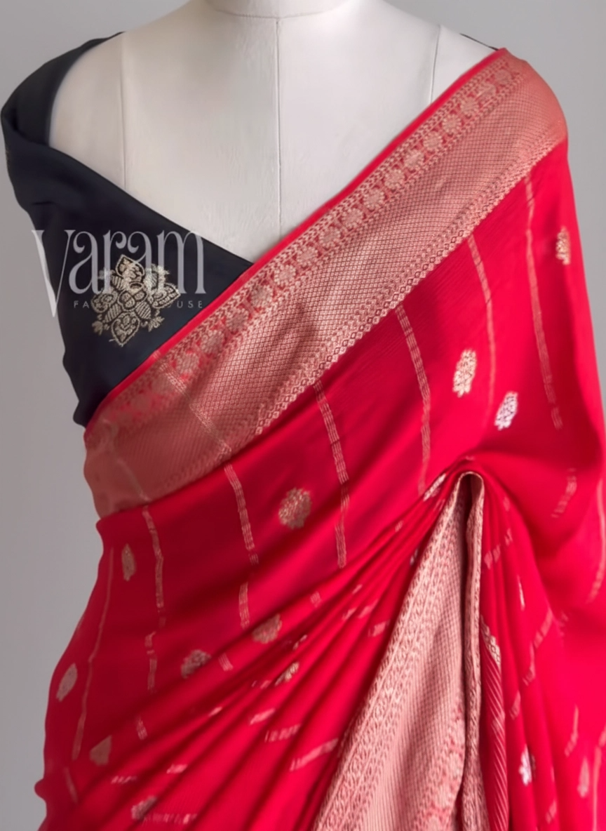 Silver Buti Trail: Premium Chinnon Silk Saree with Zari Buti Motifs & Broad Silver Border