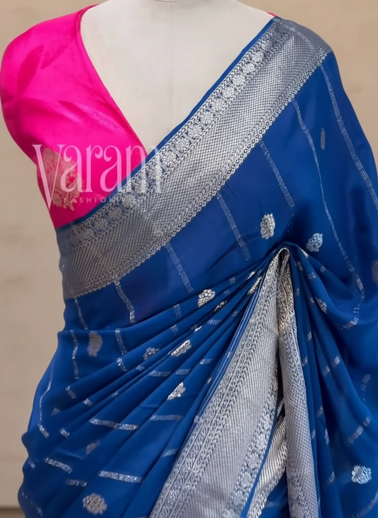 Silver Buti Trail: Premium Chinnon Silk Saree with Zari Buti Motifs & Broad Silver Border